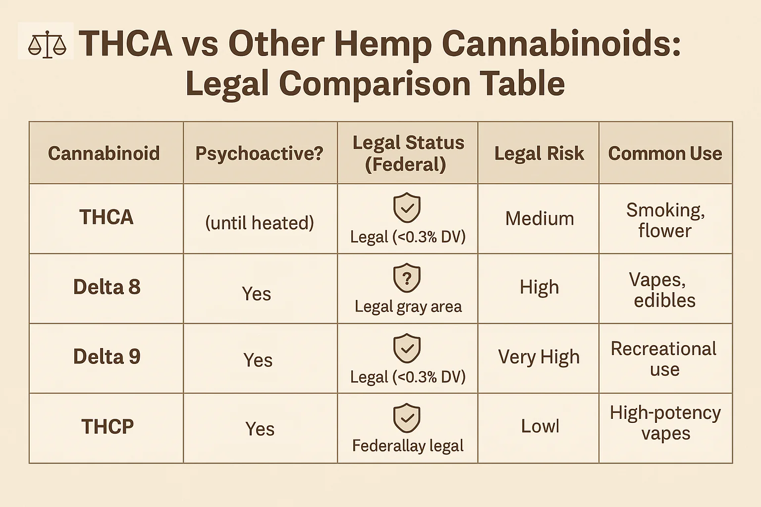 Legal comparison chart of hemp cannabinoids including THCA, Delta 8, Delta 9, THCP, and CBD, showing psychoactivity, legal risk, and common uses like flower, vapes, and wellness.